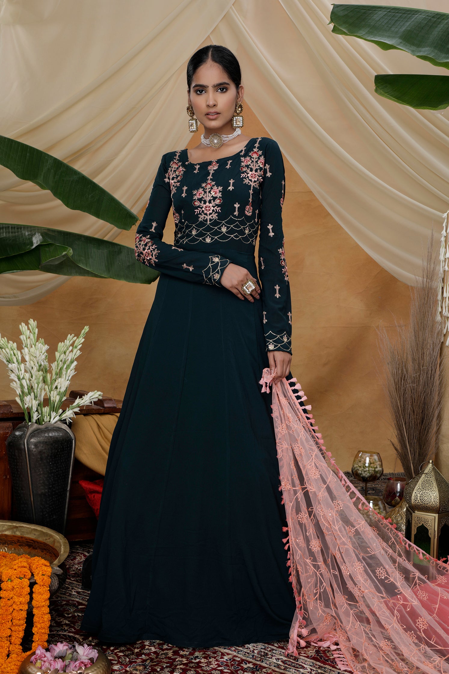 Green Sequins Resham Georgette Soft Net Anarkali Salwar Suit ClothsVilla