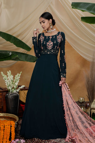 Green Sequins Resham Georgette Soft Net Anarkali Salwar Suit ClothsVilla