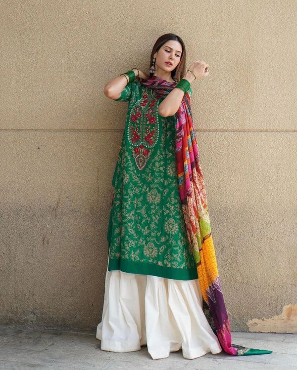 Green Sharara Palazzo Set in Jam Cotton with Embroidery Work ClothsVilla