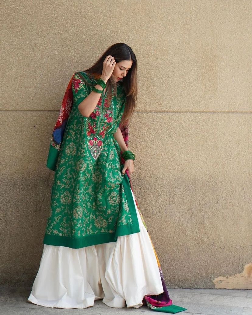 Green Sharara Palazzo Set in Jam Cotton with Embroidery Work ClothsVilla