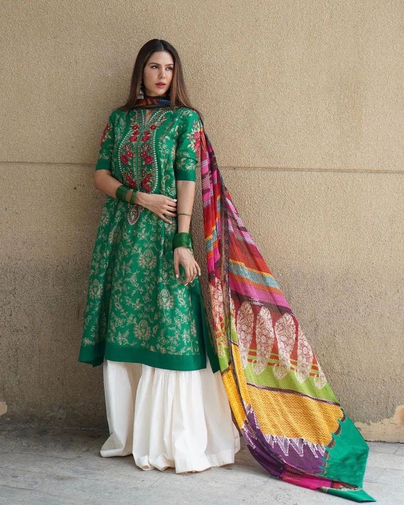 Green Sharara Palazzo Set in Jam Cotton with Embroidery Work ClothsVilla