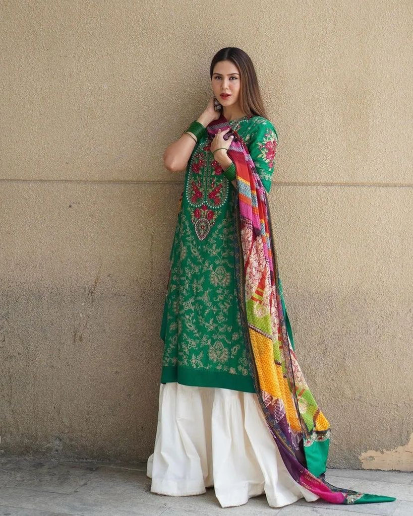 Green Sharara Palazzo Set in Jam Cotton with Embroidery Work ClothsVilla