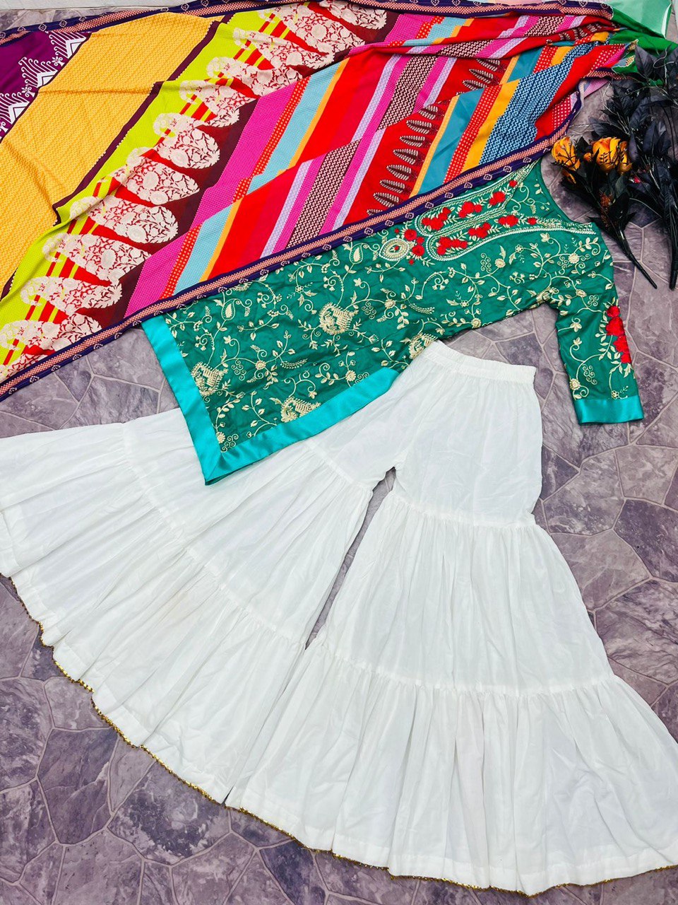 Green Sharara Palazzo Set in Jam Cotton with Embroidery Work ClothsVilla
