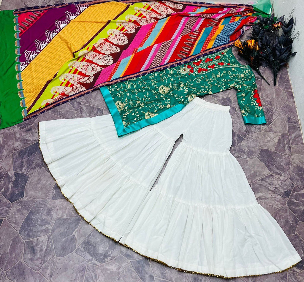 Green Sharara Palazzo Set in Jam Cotton with Embroidery Work ClothsVilla