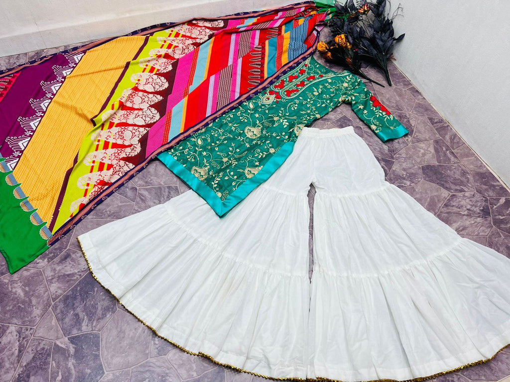 Green Sharara Palazzo Set in Jam Cotton with Embroidery Work ClothsVilla
