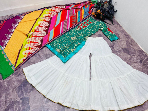 Green Sharara Palazzo Set in Jam Cotton with Embroidery Work ClothsVilla