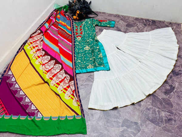 Green Sharara Palazzo Set in Jam Cotton with Embroidery Work ClothsVilla