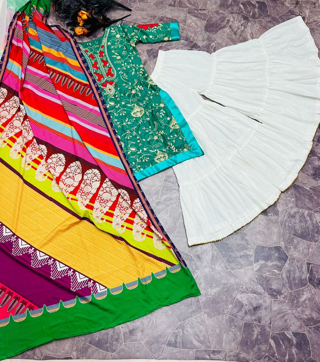 Green Sharara Palazzo Set in Jam Cotton with Embroidery Work ClothsVilla