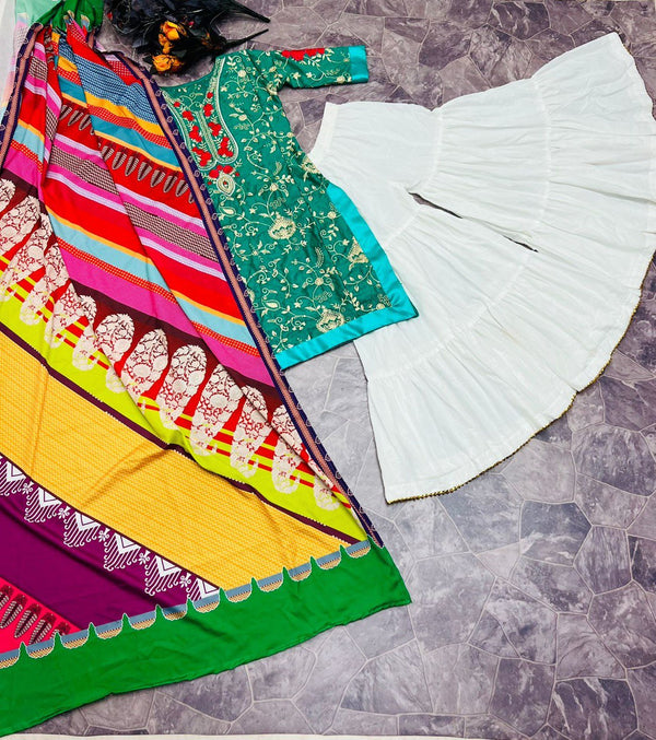 Green Sharara Palazzo Set in Jam Cotton with Embroidery Work ClothsVilla