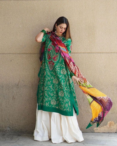Green Sharara Palazzo Set in Jam Cotton with Embroidery Work ClothsVilla
