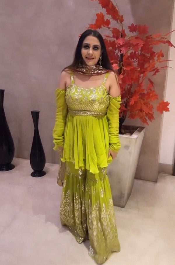 Green Sharara Set in Faux Georgette with Embroidery Sequence Work Clothsvilla