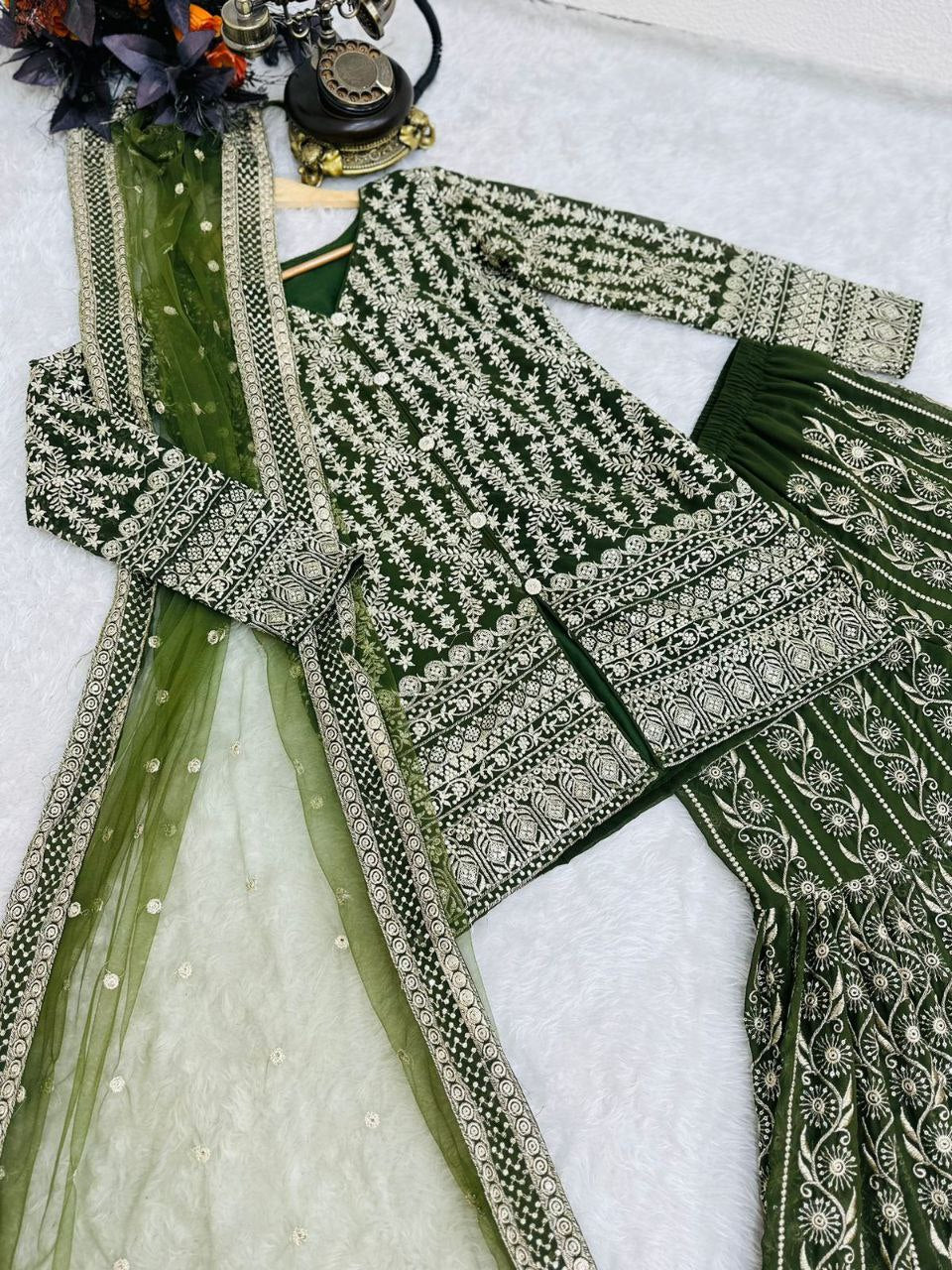 Green Sharara Sets in Georgette With Embroidery Work ClothsVilla