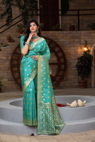 Green Striped Banarasi Silk Festival Wear Saree With Blouse ClothsVilla