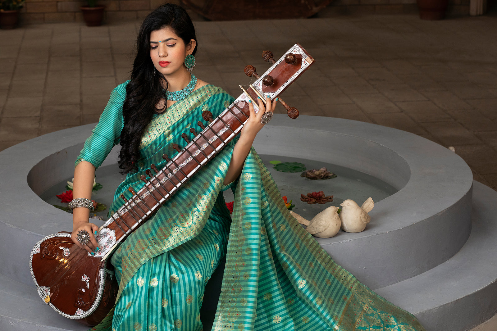Green Striped Banarasi Silk Festival Wear Saree With Blouse ClothsVilla