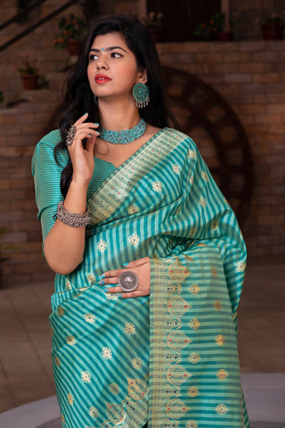 Green Striped Banarasi Silk Festival Wear Saree With Blouse ClothsVilla