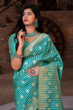 Load image into Gallery viewer, Green Striped Banarasi Silk Festival Wear Saree With Blouse ClothsVilla