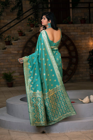 Green Striped Banarasi Silk Festival Wear Saree With Blouse ClothsVilla