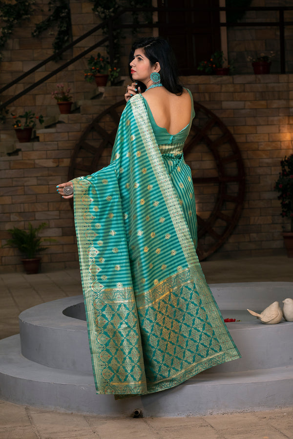 Green Striped Banarasi Silk Festival Wear Saree With Blouse ClothsVilla