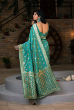 Load image into Gallery viewer, Green Striped Banarasi Silk Festival Wear Saree With Blouse ClothsVilla