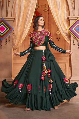 Green Viscose Rayon Embroidered Mirror Work Navratri Festival Chaniya Choli Collection ClothsVilla.com