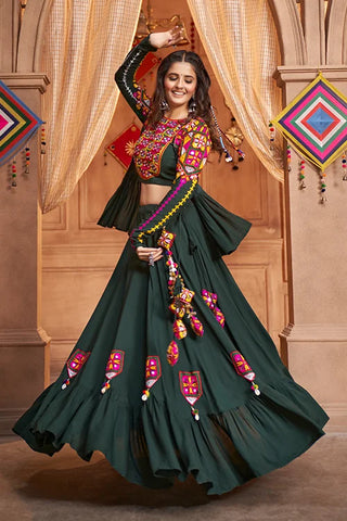 Green Viscose Rayon Embroidered Mirror Work Navratri Festival Chaniya Choli Collection ClothsVilla.com