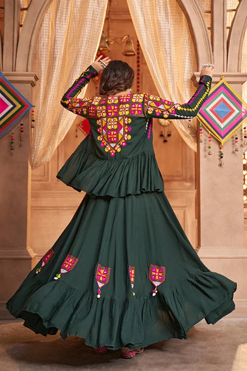 Green Viscose Rayon Embroidered Mirror Work Navratri Festival Chaniya Choli Collection ClothsVilla.com