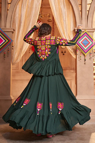 Green Viscose Rayon Embroidered Mirror Work Navratri Festival Chaniya Choli Collection ClothsVilla.com