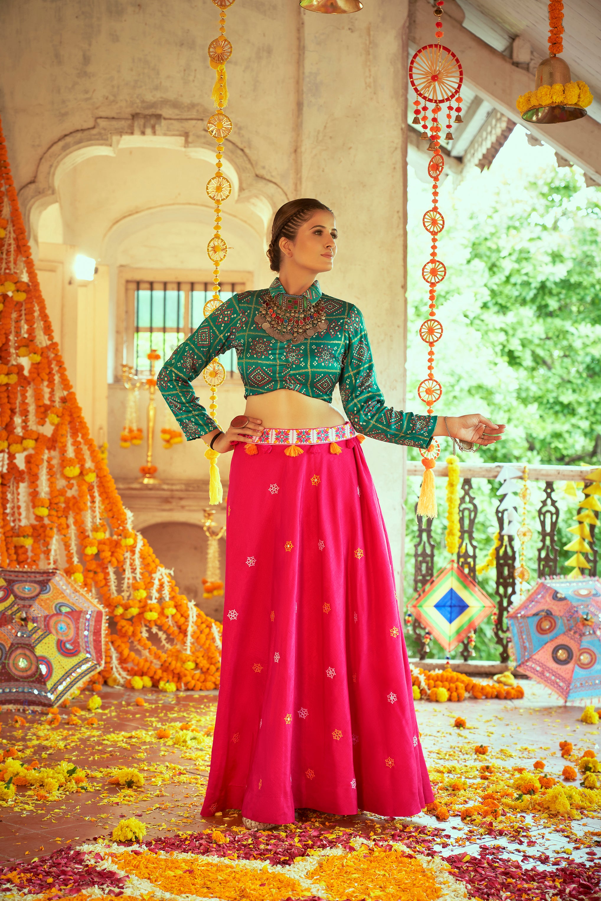 Green With Pink Color Navratri Special Ready To Wear Croptop Lehenga Clothsvilla Main image