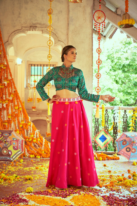 Green With Pink Color Navratri Special Ready To Wear Croptop Lehenga Clothsvilla Main image