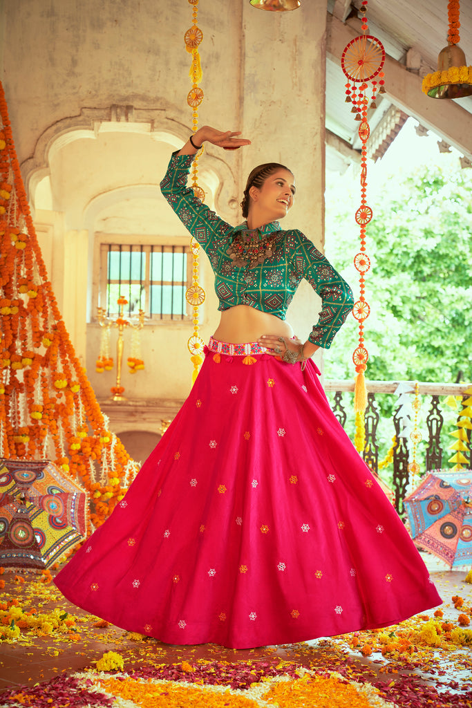 Green With Pink Color Navratri Special Ready To Wear Croptop Lehenga Clothsvilla