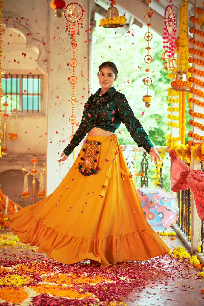 Banaras silk green and mustard yellow lehenga choli set. – Lagorii Kids