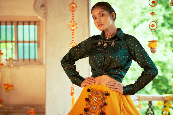 Green With Yellow Color Navratri Special Ready To Wear Croptop Lehenga Clothsvilla