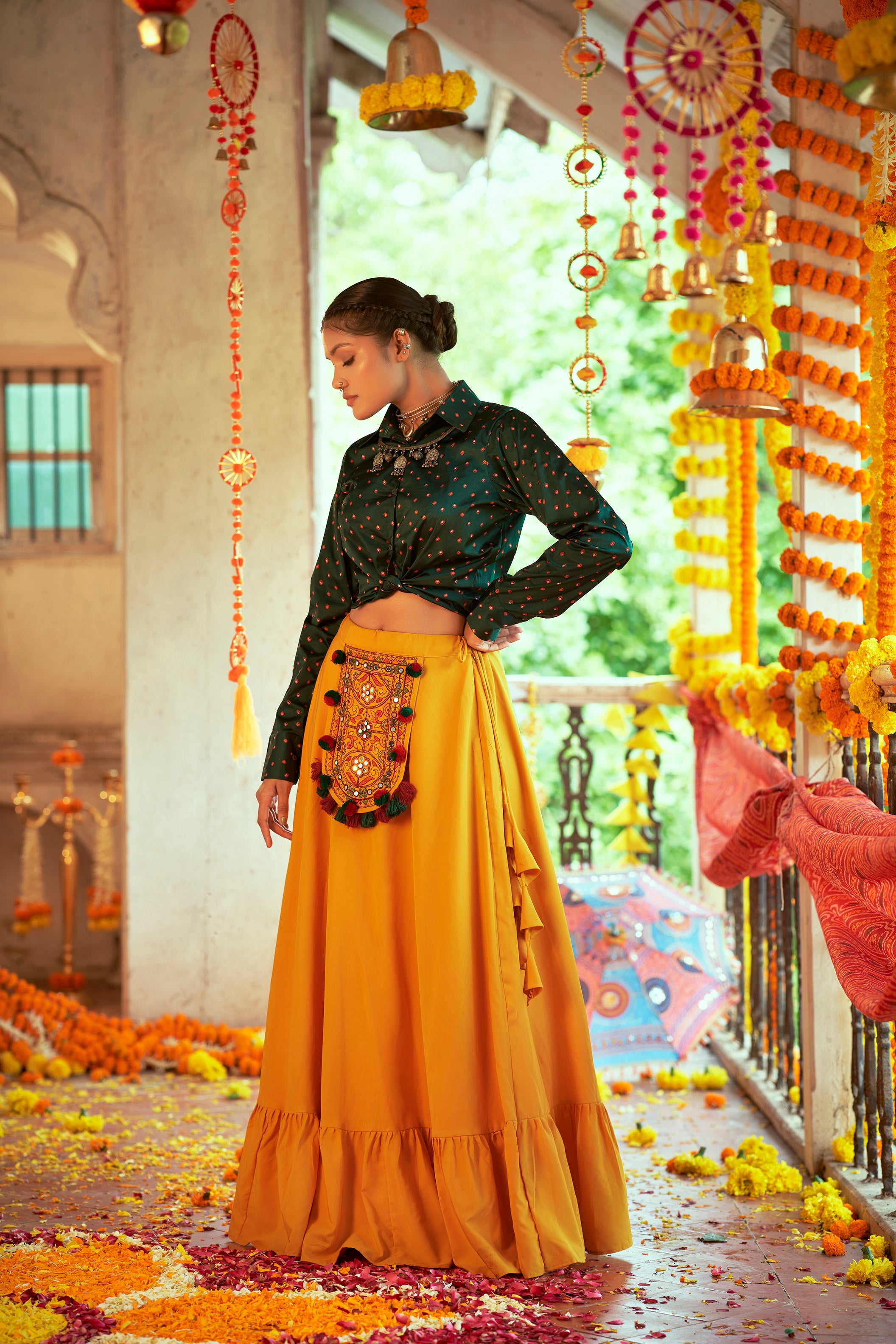 Green With Yellow Color Navratri Special Ready To Wear Croptop Lehenga Clothsvilla