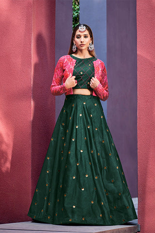 Green Art Silk Thread With Sequence Embroidered  With Mirror Work Lehenga Choli ClothsVilla.com