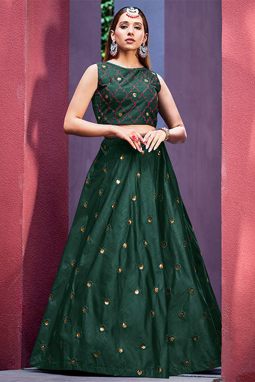 Green Art Silk Thread With Sequence Embroidered  With Mirror Work Lehenga Choli ClothsVilla.com