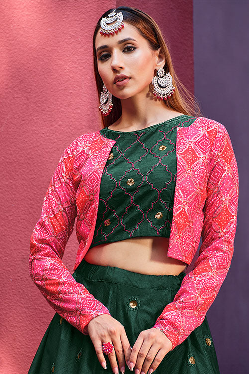 Green Art Silk Thread With Sequence Embroidered  With Mirror Work Lehenga Choli ClothsVilla.com