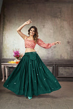 Load image into Gallery viewer, Green Art Silk Thread With Sequins Embroidered Crop-Top Skirt ClothsVilla.com