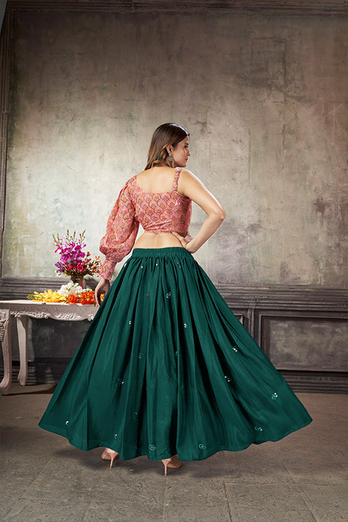 Green Art Silk Thread With Sequins Embroidered Crop-Top Skirt ClothsVilla.com