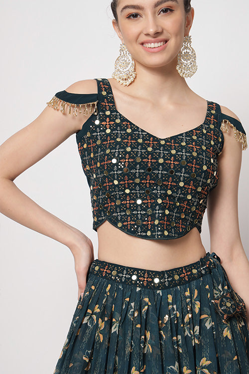 Green Chinon Silk Print With Sequins Embroidered Work Lehenga Choli ClothsVilla.com