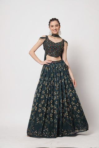 Green Chinon Silk Print With Sequins Embroidered Work Lehenga Choli ClothsVilla.com