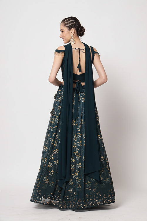 Green Chinon Silk Print With Sequins Embroidered Work Lehenga Choli ClothsVilla.com