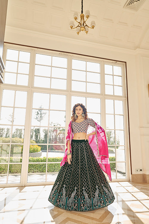 Green Georgette Thread With Sequince Embroidered Lehenga Choli ClothsVilla.com