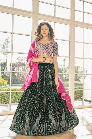 Green Georgette Thread With Sequince Embroidered Lehenga Choli ClothsVilla.com