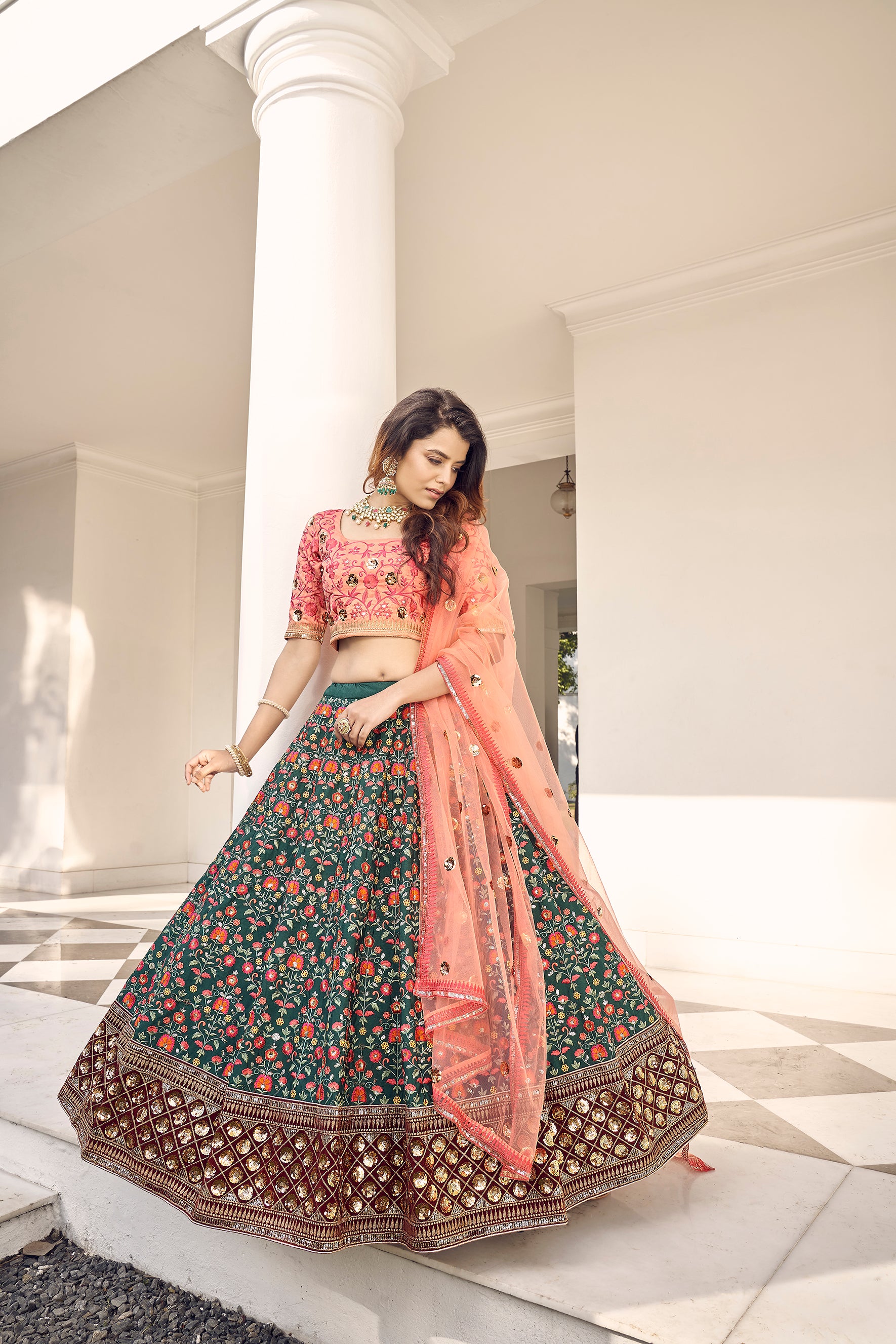 Green & Orange Thread With Sequins Embroidered Art Silk Semi Stitched Wedding And Party Lehenga ClothsVilla Main image