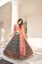 Load image into Gallery viewer, Green &amp; Orange Thread With Sequins Embroidered Art Silk Semi Stitched Wedding And Party Lehenga ClothsVilla