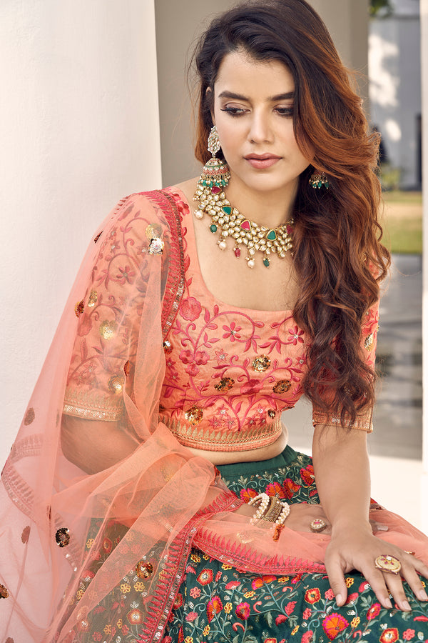 Green & Orange Thread With Sequins Embroidered Art Silk Semi Stitched Wedding And Party Lehenga ClothsVilla