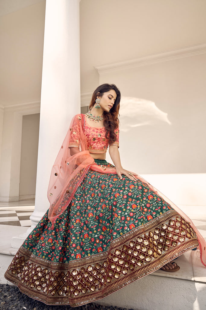 Green & Orange Thread With Sequins Embroidered Art Silk Semi Stitched Wedding And Party Lehenga ClothsVilla