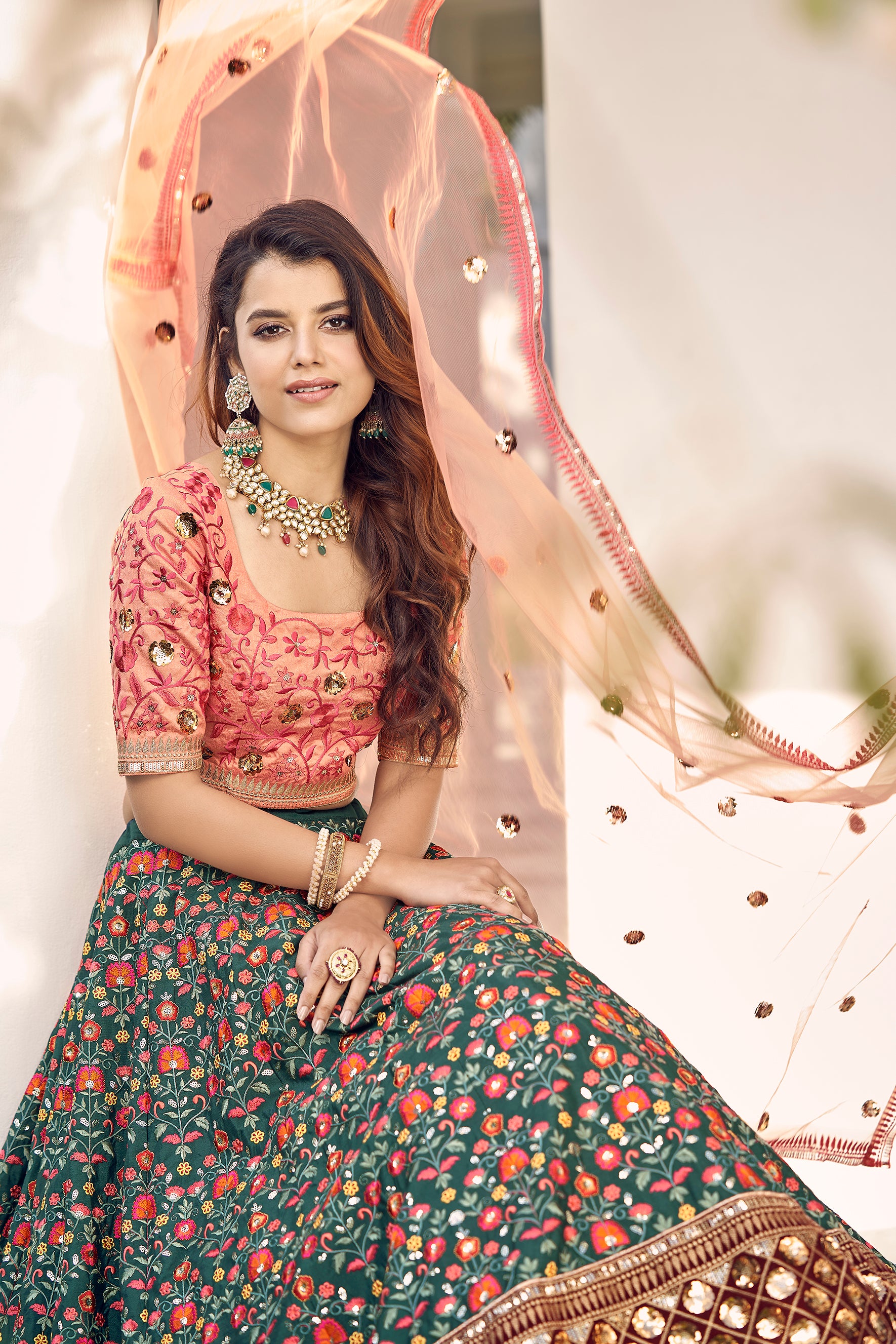 Green & Orange Thread With Sequins Embroidered Art Silk Semi Stitched Wedding And Party Lehenga ClothsVilla