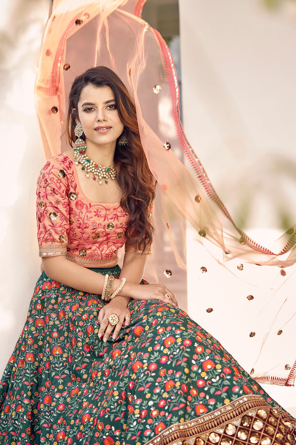 Green & Orange Thread With Sequins Embroidered Art Silk Semi Stitched Wedding And Party Lehenga ClothsVilla