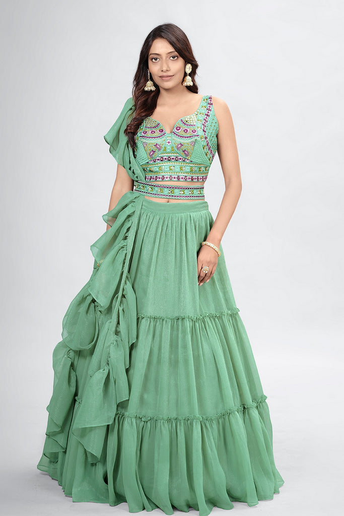 Green Pakistani Art Silk Lehenga Choli For Indian Festivals & Weddings - Thread Embroidery Work, Clothsvilla
